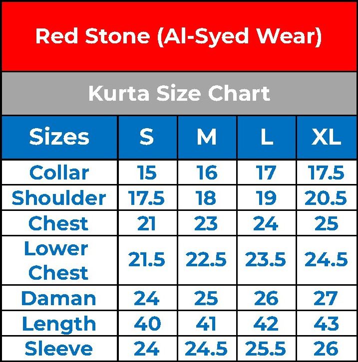 Al-Syed Wear Kurta Size Chart (Compact)