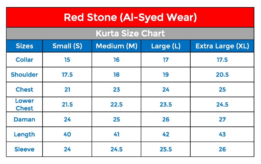 Al-Syed Wear Kurta Size Chart